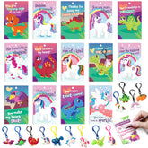 28-Piece Unicorn and Dinosaur Keychain Set with Kids' Valentine's Day Cards