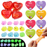 28-Piece Glow-in-the-Dark Mochi Squishy Toys Filled Hearts Set with Kids Valentine's Cards