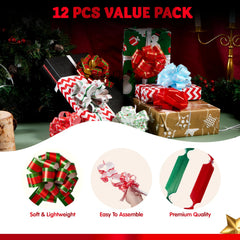 12 PCS Christmas Pull Bows with Ribbon, 5in Wide