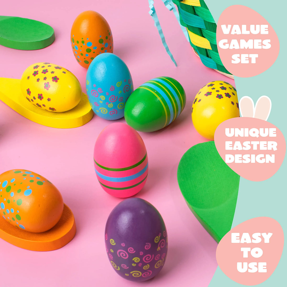 12 Pcs Egg and Spoon Race Game Set - Wooden Colorful Outdoor Party Supplies