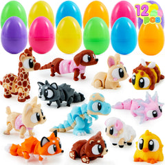12 Pcs Prefilled Eggs with 3D Printed Big Eye Animal Toys for Kids Party Favors