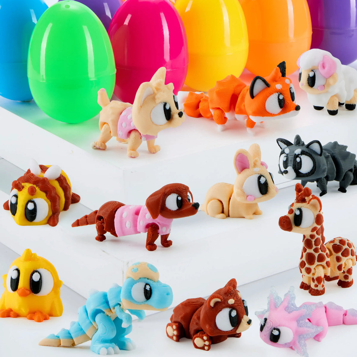 12 Pcs Prefilled Eggs with 3D Printed Big Eye Animal Toys for Kids Party Favors