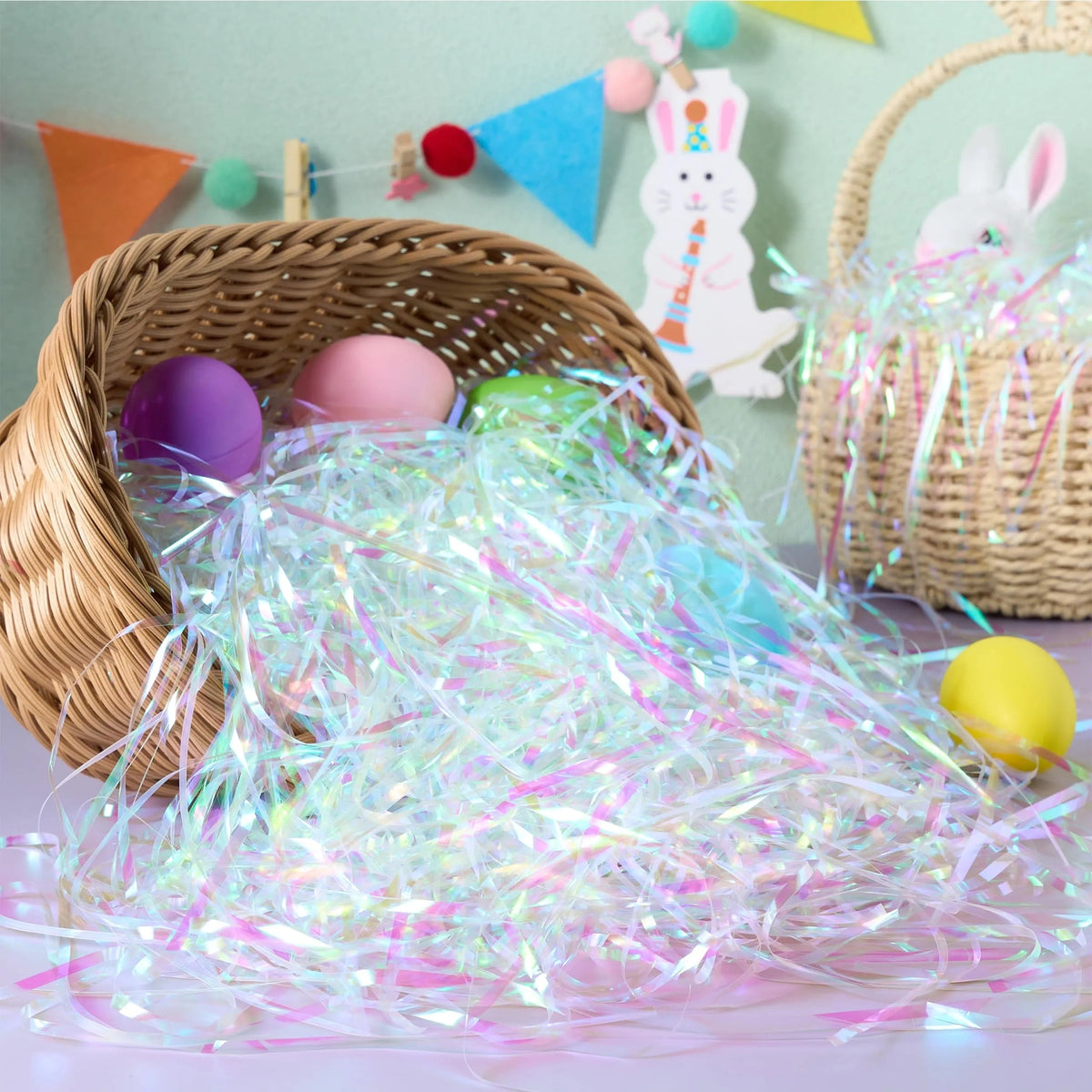 12oz (340g) Easter Iridescent Plastic Grass - Sparkly Shredded Paper for Easter Egg Hunt