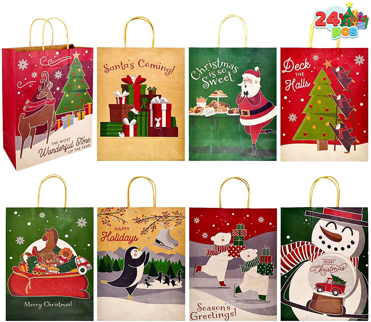 8 Christmas-Themed Colorful Drawstring Gift Bags, 24-Pack