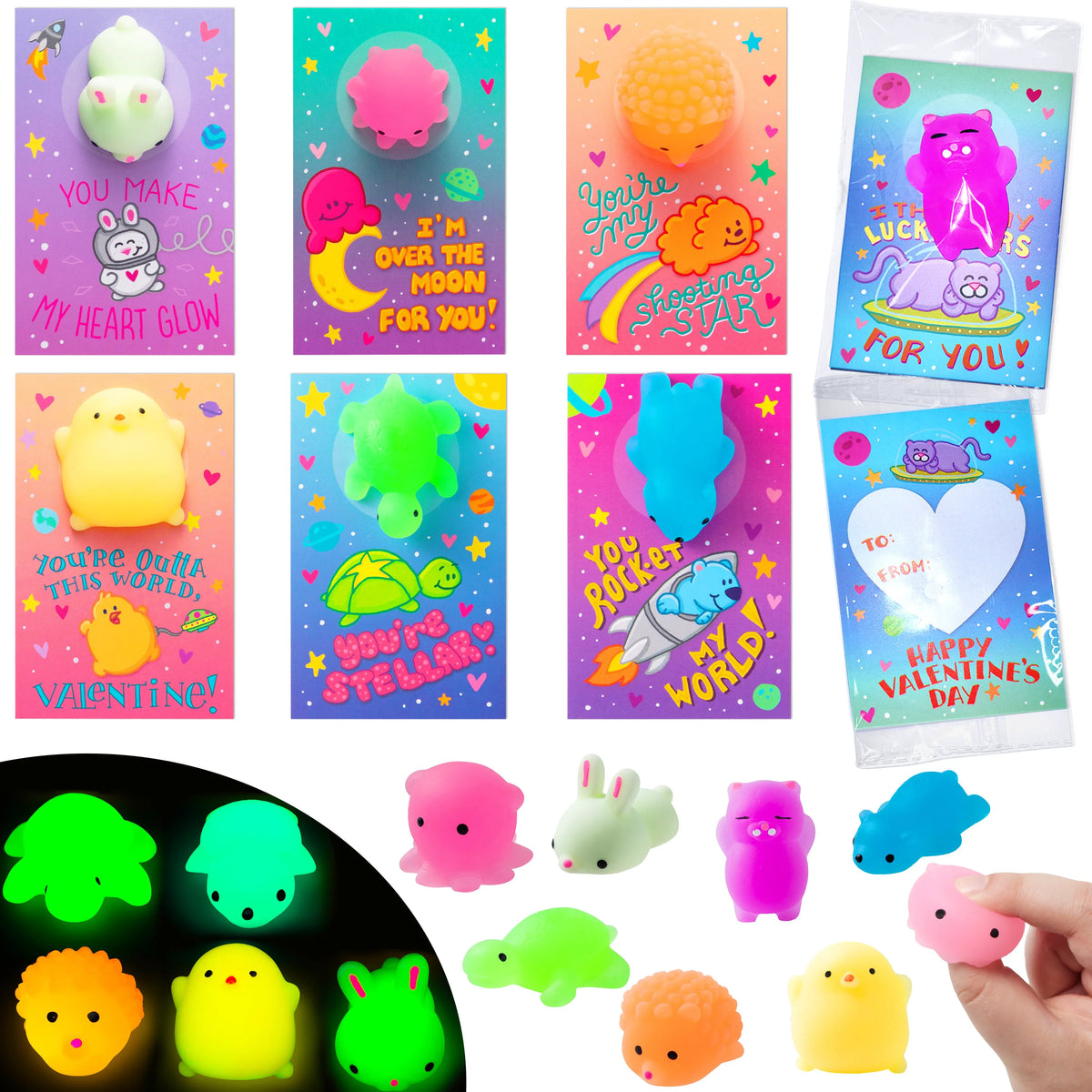 28-Pack Mochi Squishy Toys with Glow-in-the-Dark Valentine's Exchange Cards for Kids