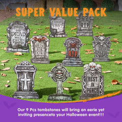 16" Halloween Tombstones Decorations, 9 Pcs