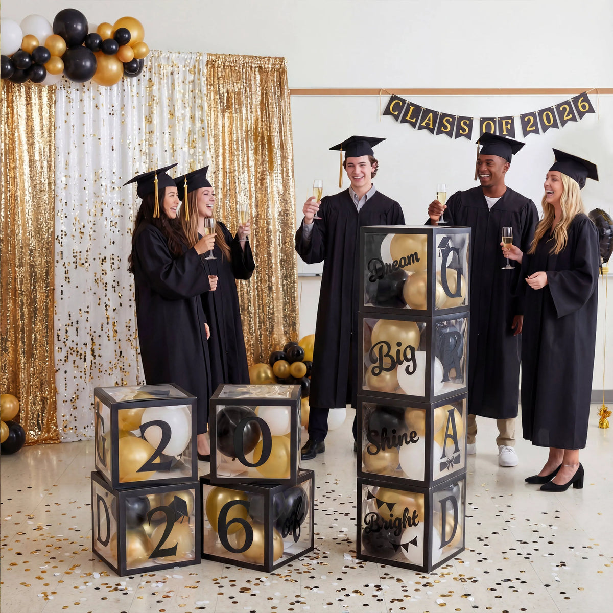 4 Black & Gold 2026 Graduation Balloon Boxes for Party Decor