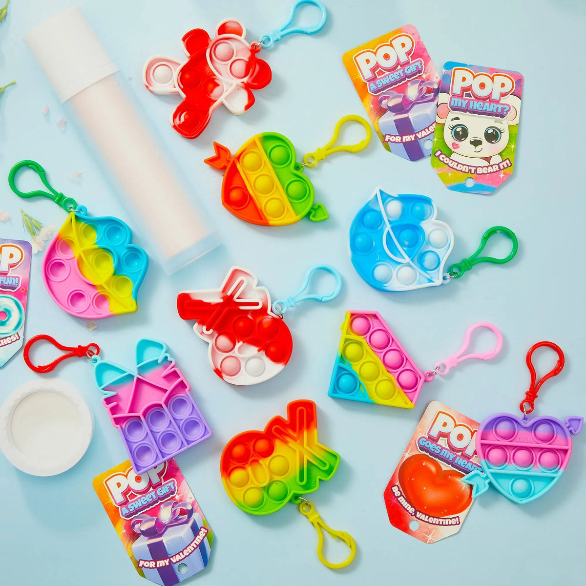 18Pcs Kids Valentine's Cards with Push Bubble Keychain Toy - Classroom Exchange Gifts