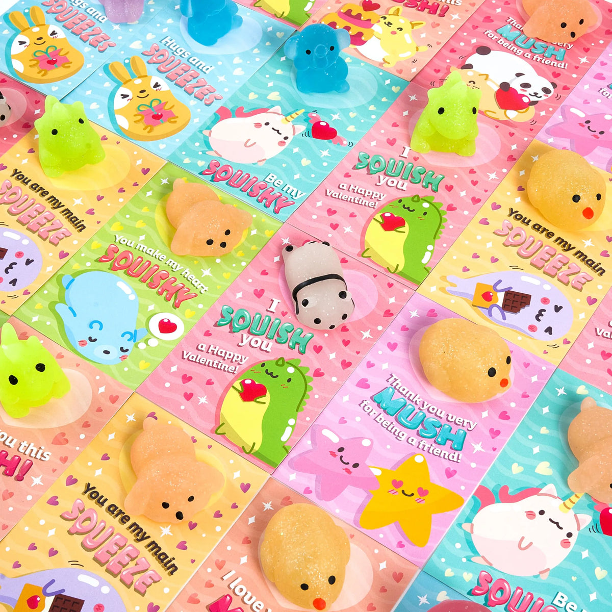28 Glitter Mochi Squishy Toys with Valentine's Cards for Classroom Exchange