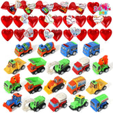 24 Construction Vehicles with Heart Shells and Valentine's Day Cards for Kids - Classroom Exchange Gifts