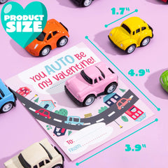 24Pcs Kids Valentine's Cards with Pull Back Car Vehicle Toys - Classroom Exchange Gifts