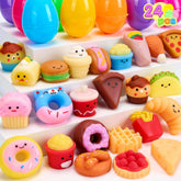 24 Prefilled Easter Eggs with Fast Food & Dessert Mochi Squishy Toys for Egg Hunt, Party Favors & Basket Stuffers