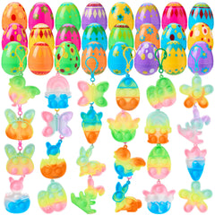 24 Prefilled Printed Easter Eggs with Pop Keychain Fidgets for Egg Hunt