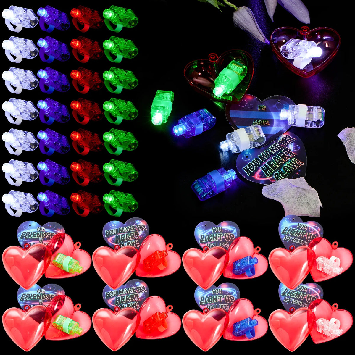 28-Piece Finger Light LED Heart Shells with Valentine's Day Cards for Kids Classroom Exchange Gifts