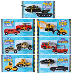 28-Pack Valentine's Day Cards with Die-Cast City Vehicles for Kids - Classroom Exchange Gifts