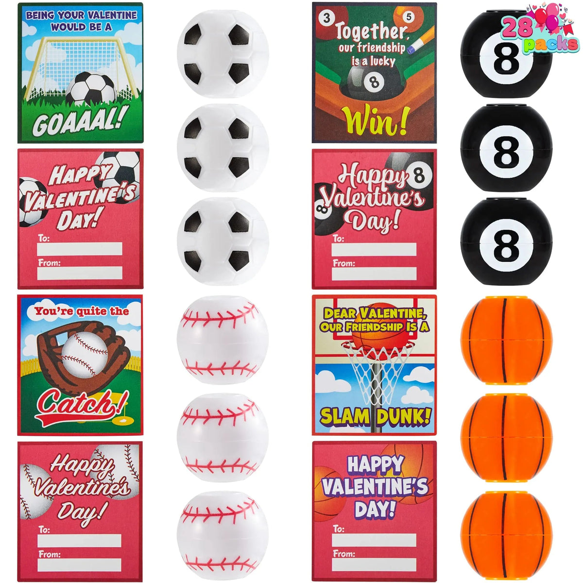 28Pcs Kids Valentine's Cards with Mini Sport Balls - Classroom Exchange Gifts