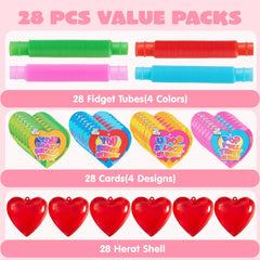 28-Pack Push Bubble Tubes with Heart Shells and Valentine's Day Cards for Kids Classroom Exchange Gifts