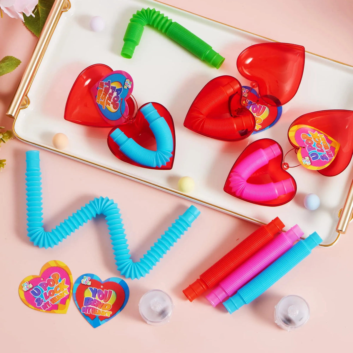 28-Pack Push Bubble Tubes with Heart Shells and Valentine's Day Cards for Kids Classroom Exchange Gifts