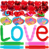 28-Pack Push Bubble Tubes with Heart Shells and Valentine's Day Cards for Kids Classroom Exchange Gifts