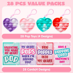 28 Heart-Shaped Push Pop Fidget Toys with Valentine's Day Cards for Kids Classroom Exchange Gifts