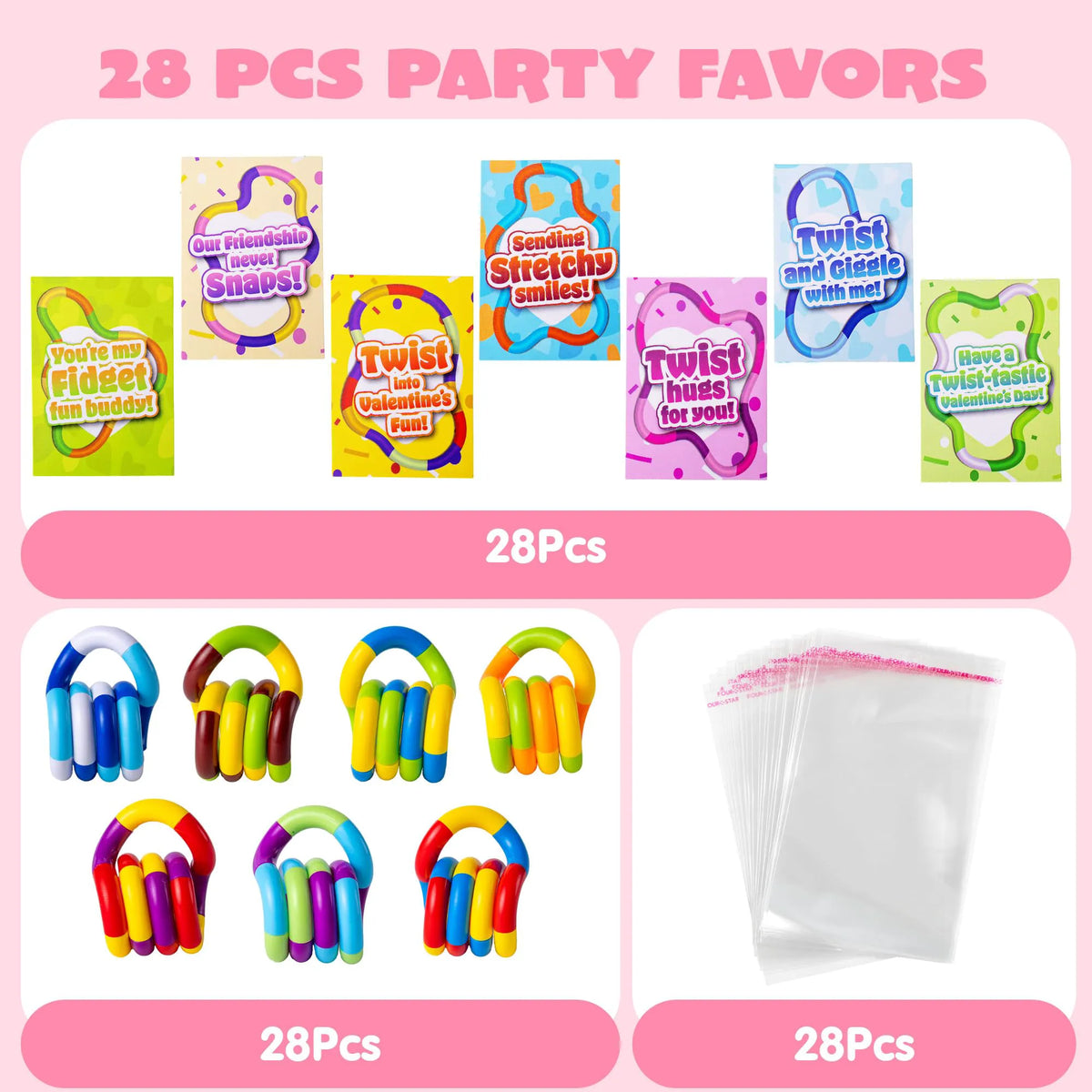 28 Pcs Valentine's Day Twist & Spin Fidget Chains with Cards