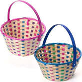 Set of 2 Easter Blue & Pink Round Bamboo Woven Baskets with Folding Handles