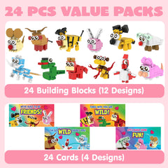24 Pack Valentine's Day Gift Cards with Animal Building Blocks for Party Favors