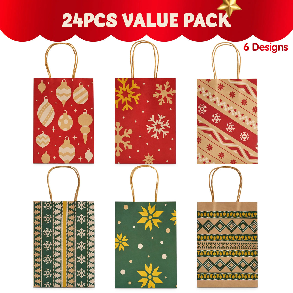24-Pack Christmas Kraft Paper Gift Bags for Holiday Treats