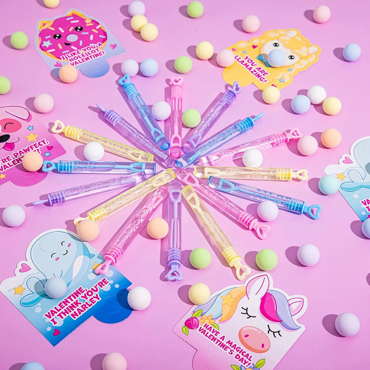 36 Unicorn Bubble Wands with Valentine's Day Cards for Kids Classroom Exchange Gifts
