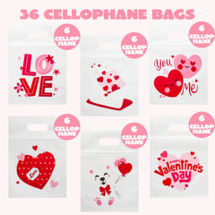 36 Pcs Valentine's Day Cellophane Gift Bags, Candy Treat Bags with 6 Designs for Kids Party Favor Supplies