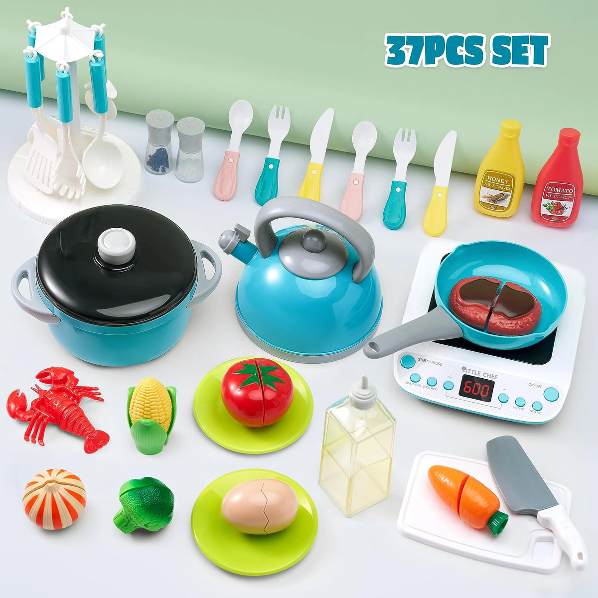 37-Piece Kids Kitchen Playset - Toddler Pretend Cooking Toy Set with Pots, Pans, Utensils, Play Food, and Cutting Vegetables