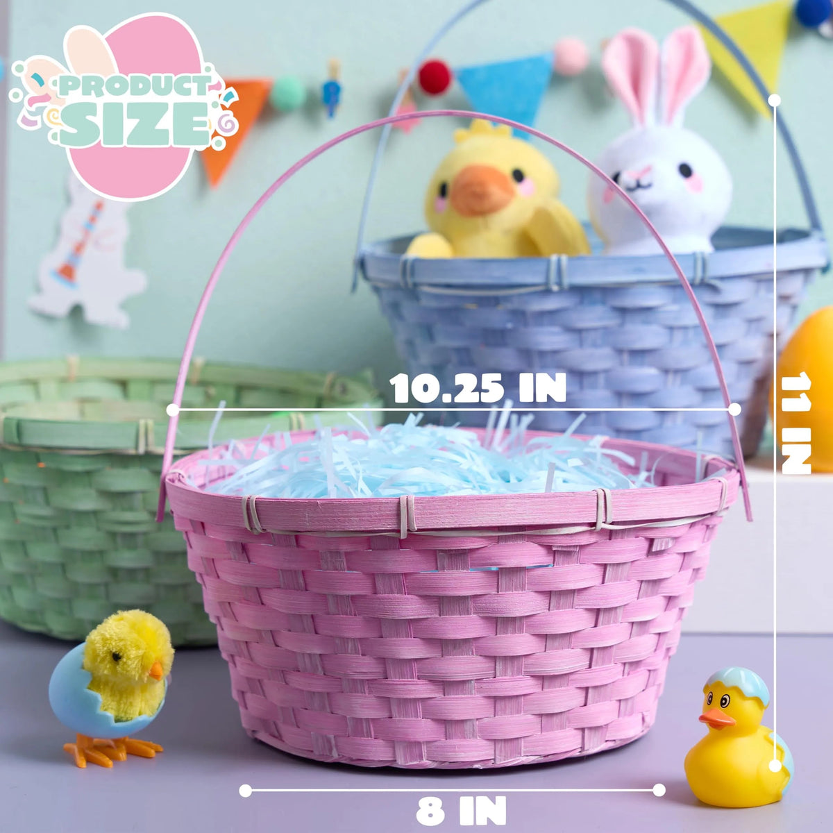 3-Pack Easter Bamboo Baskets with Folding Handles for Egg Hunts