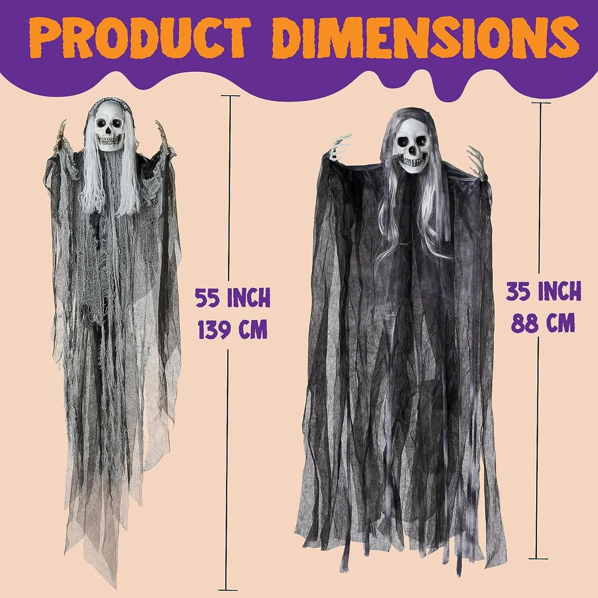3-Piece Halloween Hanging Grim Reapers: 55-Inch & Two 35-Inch Skeleton Flying Ghosts