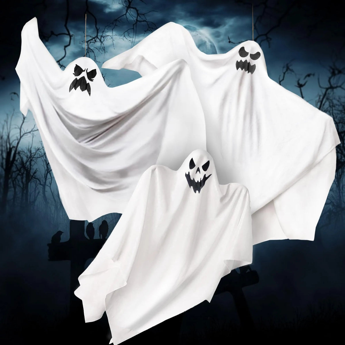 3 Halloween Light-Up White Hanging Ghosts, 1 Large (47in) and 2 Medium (35.4in)