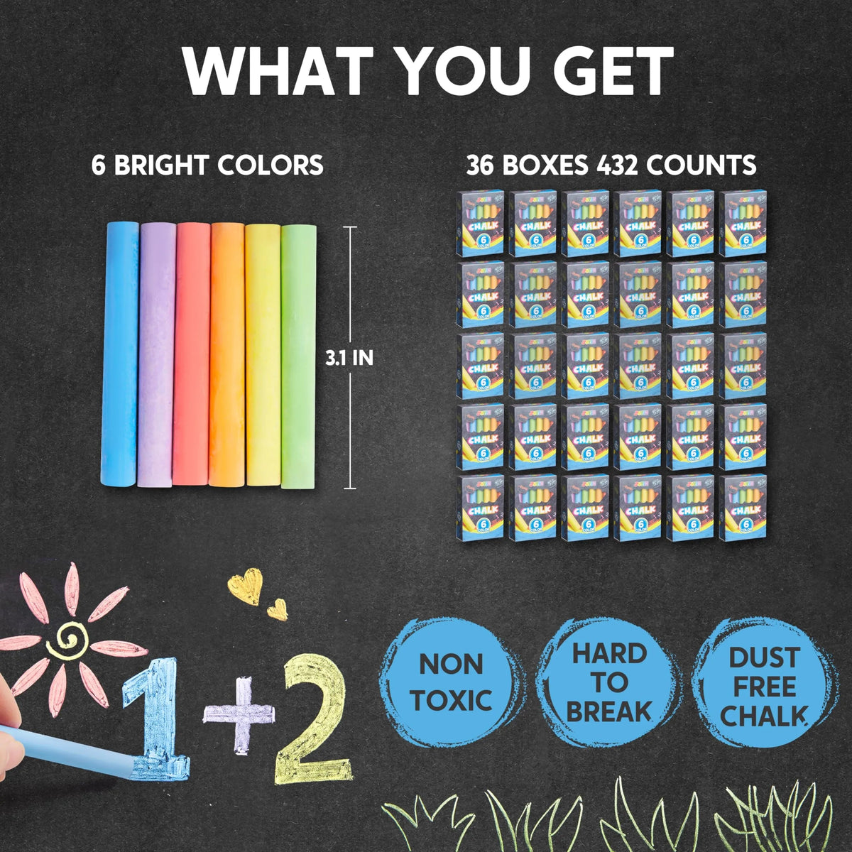 432 Counts Mini Chalk Set for Kids, Non-Toxic, for Boys & Girls Ages 3+ (36 Boxes)