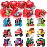 24 Prefilled Hearts with Train Building Blocks and Valentine's Day Cards for Kids - Classroom Exchange Gifts