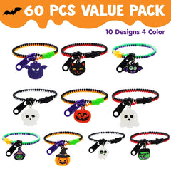 60 PCS Halloween Zipper Bracelets Bulk Set - Zipper Wristbands Party Favors for Kids