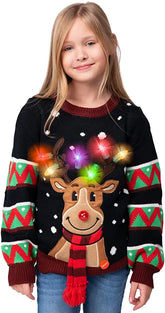 Kids' Reindeer Ugly Christmas Sweater - Black with Light Bulbs
