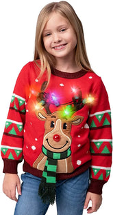 Kids Red LED Light-Up Reindeer Christmas Sweater