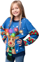 Kids' Blue Reindeer Ugly Christmas Sweater with Light Bulbs