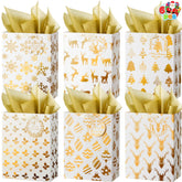 6 Pack Christmas Holiday Foil Gift Bags - Gold, 8 x 4.5 x 10.5 Inches