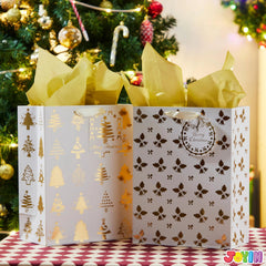 6 Pack Christmas Holiday Foil Gift Bags - Gold, 8 x 4.5 x 10.5 Inches
