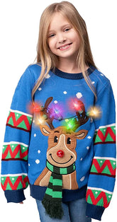 Kids' Blue Reindeer Ugly Christmas Sweater with Light Bulbs