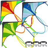3-Pack Big Delta Kite Set (Green, Blue, Rainbow) with 262.5ft Kite String