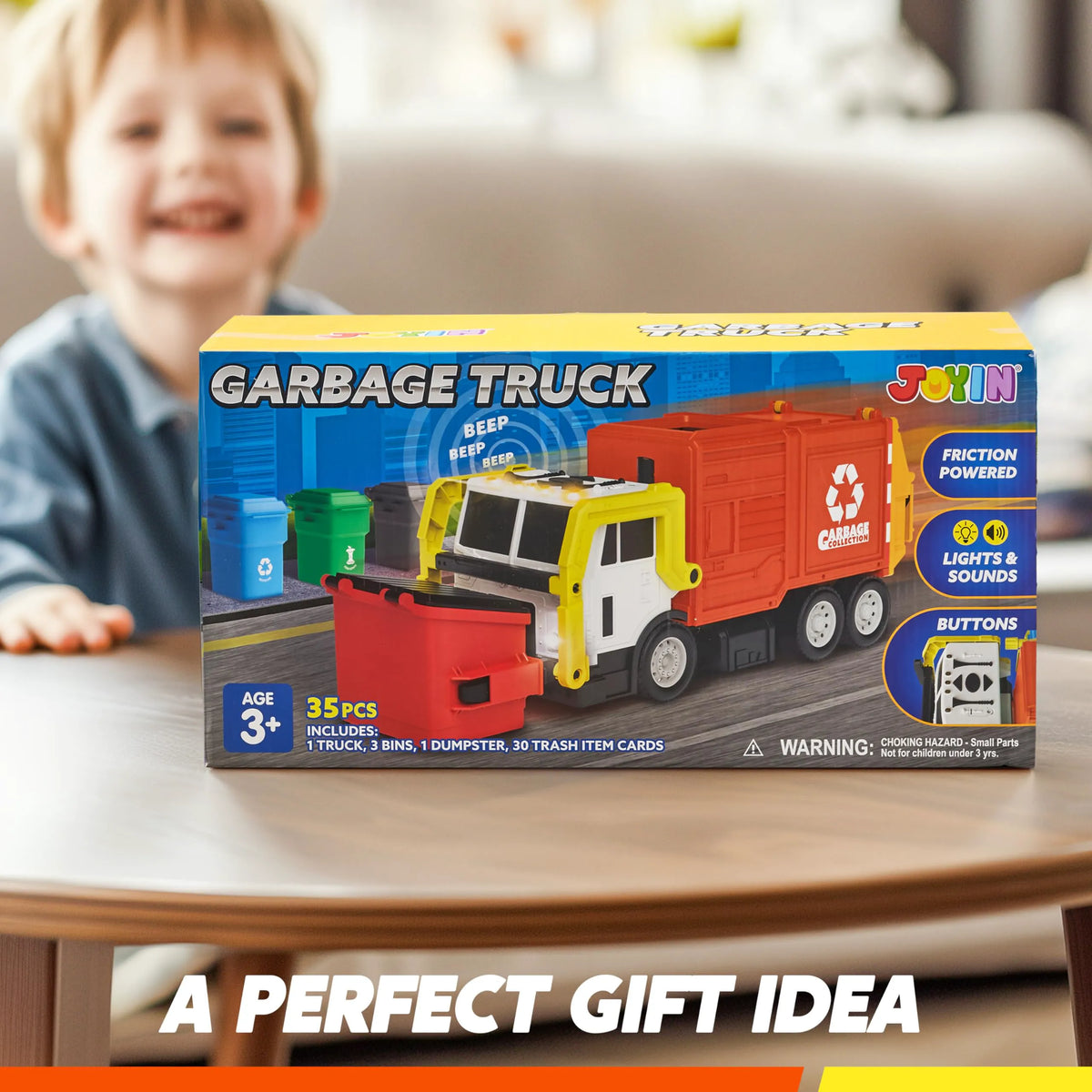 Large Orange Friction Powered Garbage Truck Toy Set