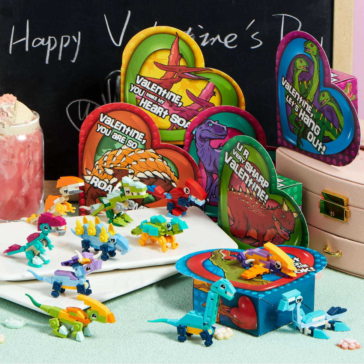 12-Pack Valentine's Dinosaur Building Blocks with Heart Boxes for Party Favors
