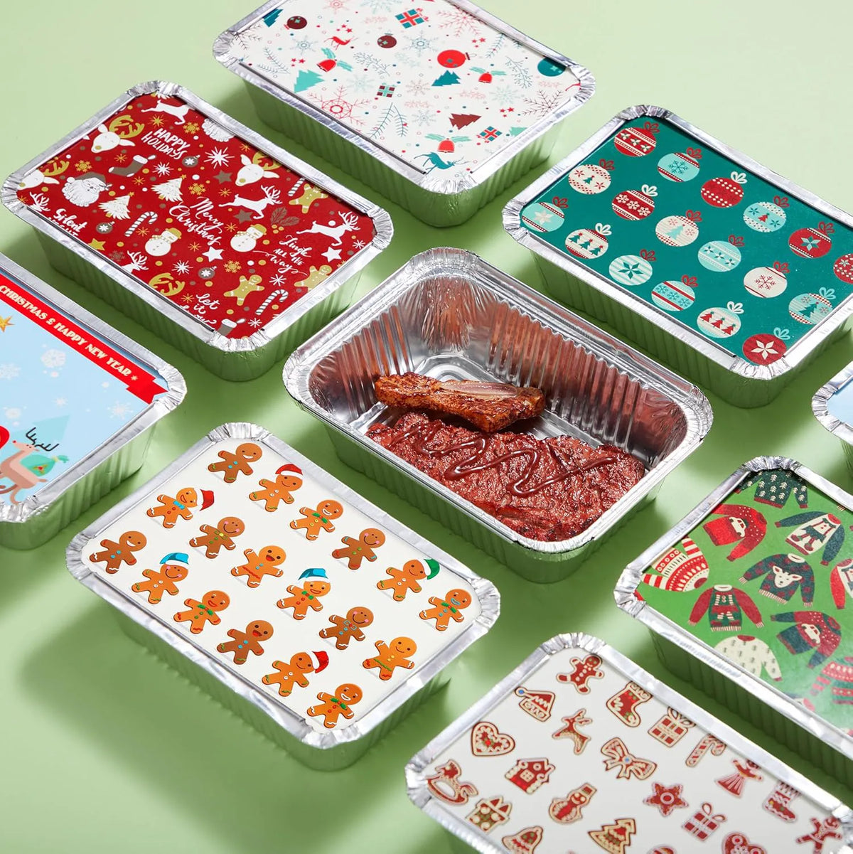 48-Pack Christmas Foil Containers with Lids (8.5"x6"x2" Rectangular)