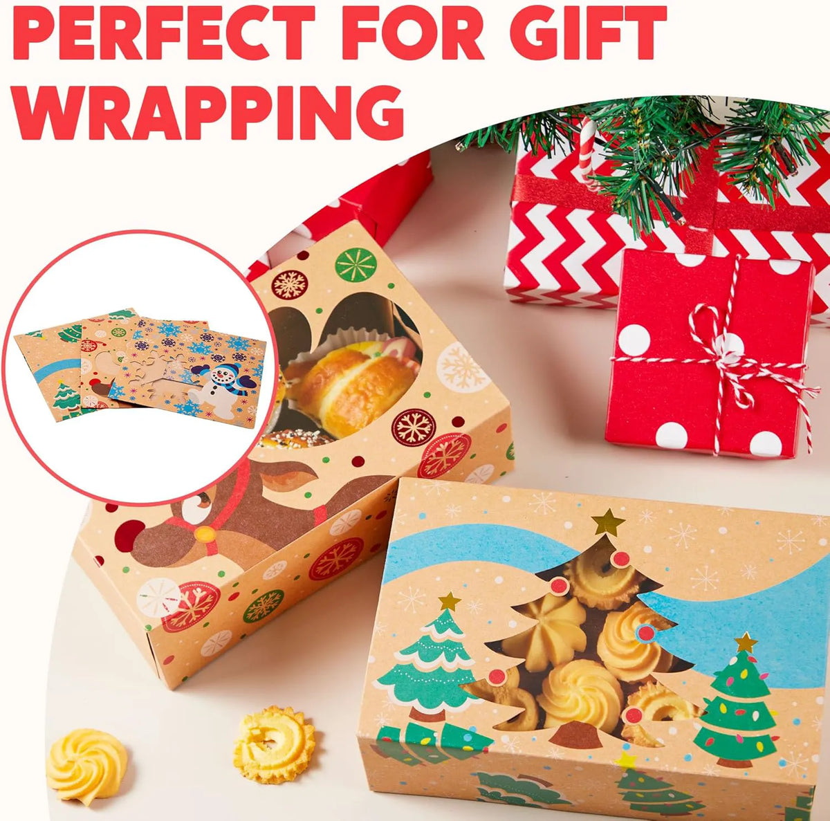 36 Foiled Kraft Christmas Cookie Boxes with Window, 8.5 x 5.75 x 2.75 Inches