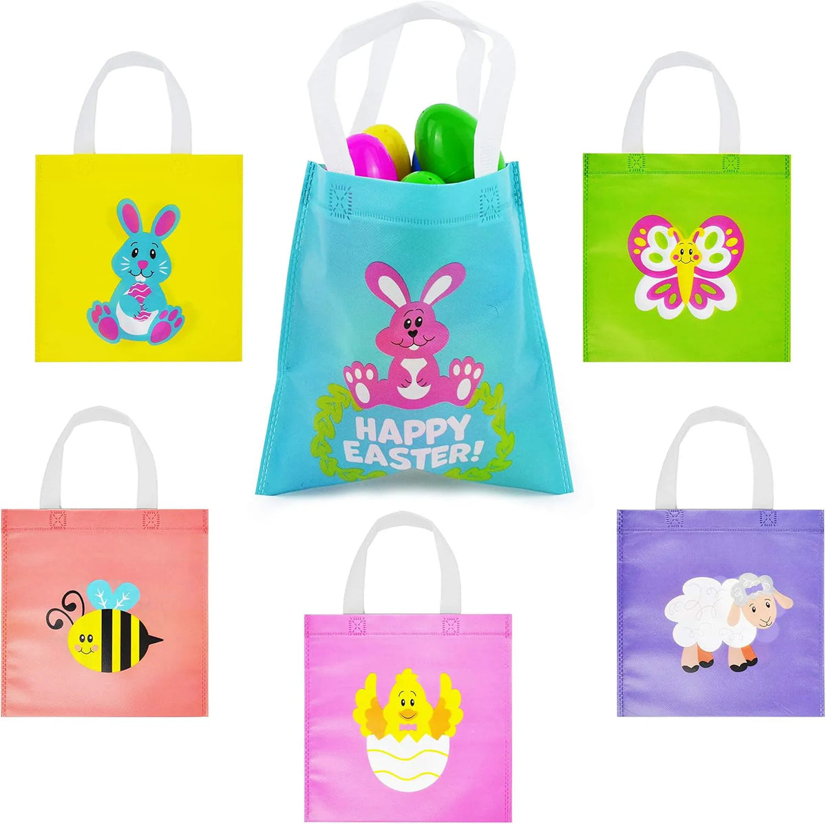 JOYIN 36 Pack Easter Non-Woven Gift Bags - Cute Bunny Animal Treat Bags for Kids Party Supplies and Classroom Prizes