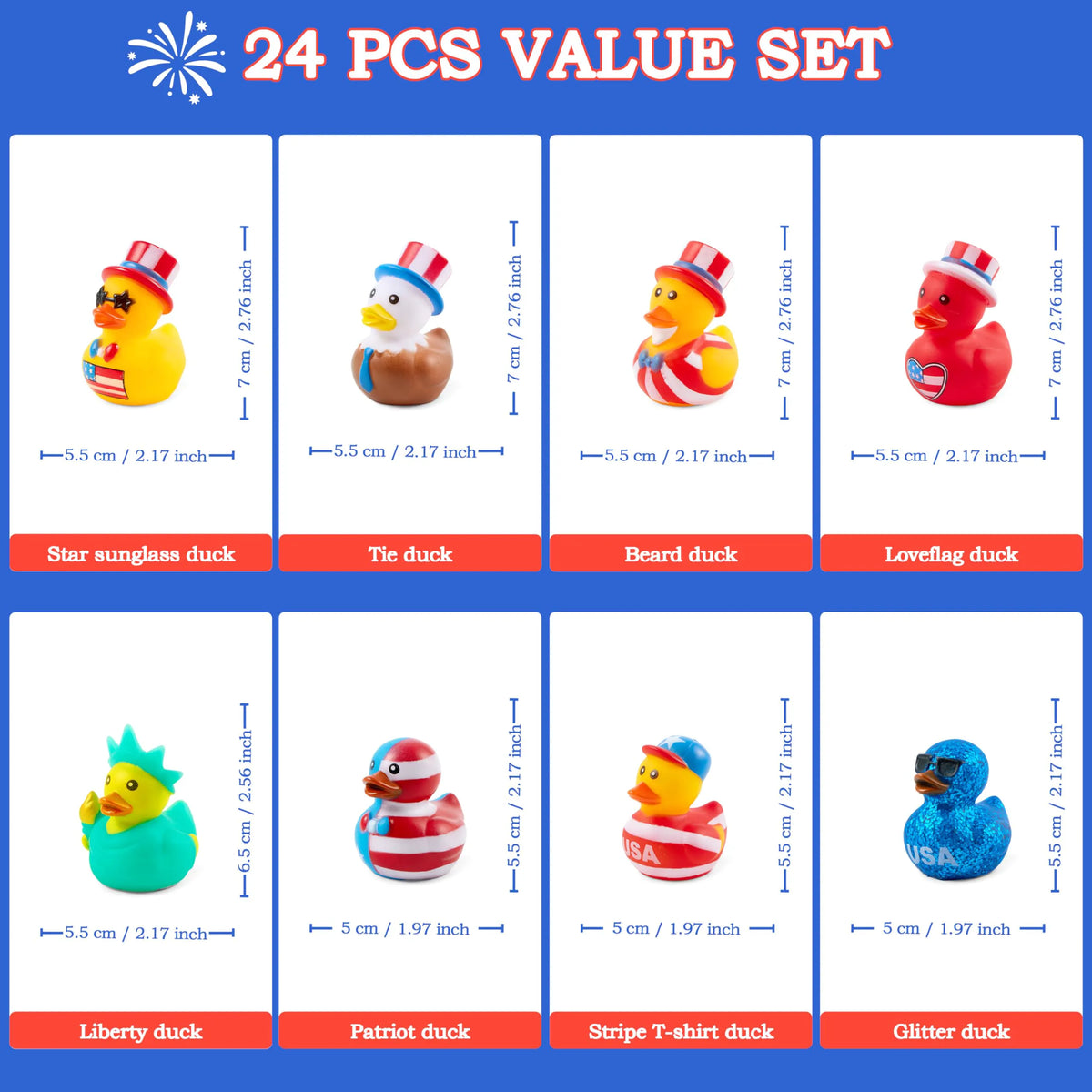 JOYIN 24-Pack Patriotic Rubber Ducks - 2.6-Inch Toys, 8 Unique Designs